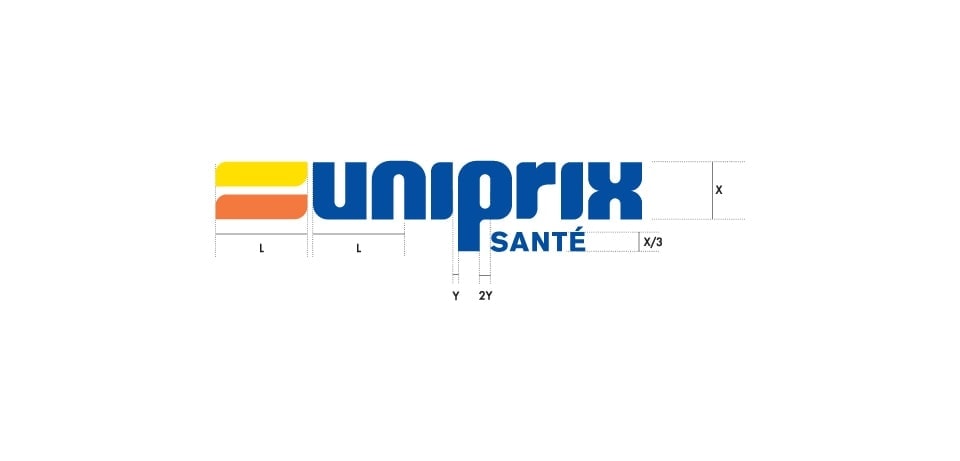 Logo de Uniprix Santé avec guide de dimensions Image du logo de Uniprix Santé avec des annotations de dimensions pour l'espacement et les proportions