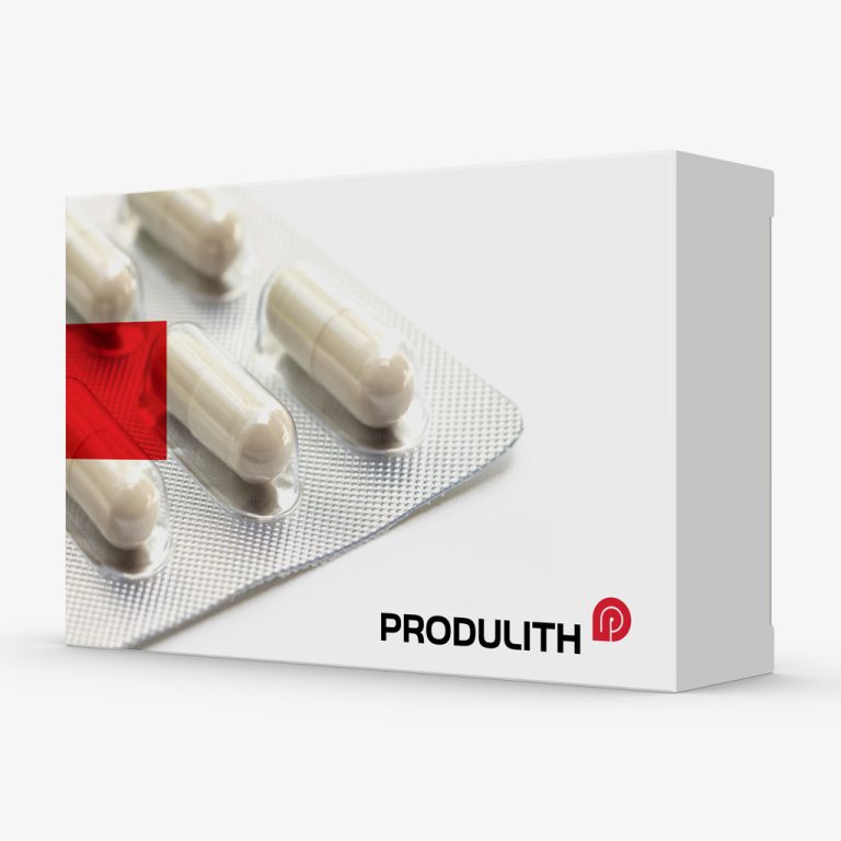 Emballage - boîte pliante straight tuck end avec une image de plaquettes de capsules sur la boîte et le logo Produlith au bas.
