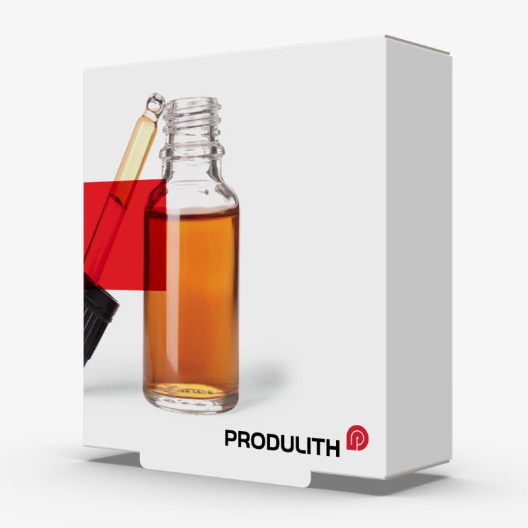 Emballage - boîte pliante tuck end partition avec une image de flacon de sérum et une pipette remplie de liquide, ainsi que le logo Produlith au bas.