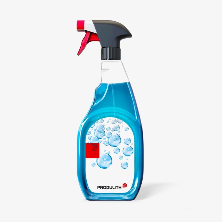 Bouteille de spray nettoyant avec étiquette de la marque Produlith, contenant un liquide bleu avec des bulles.