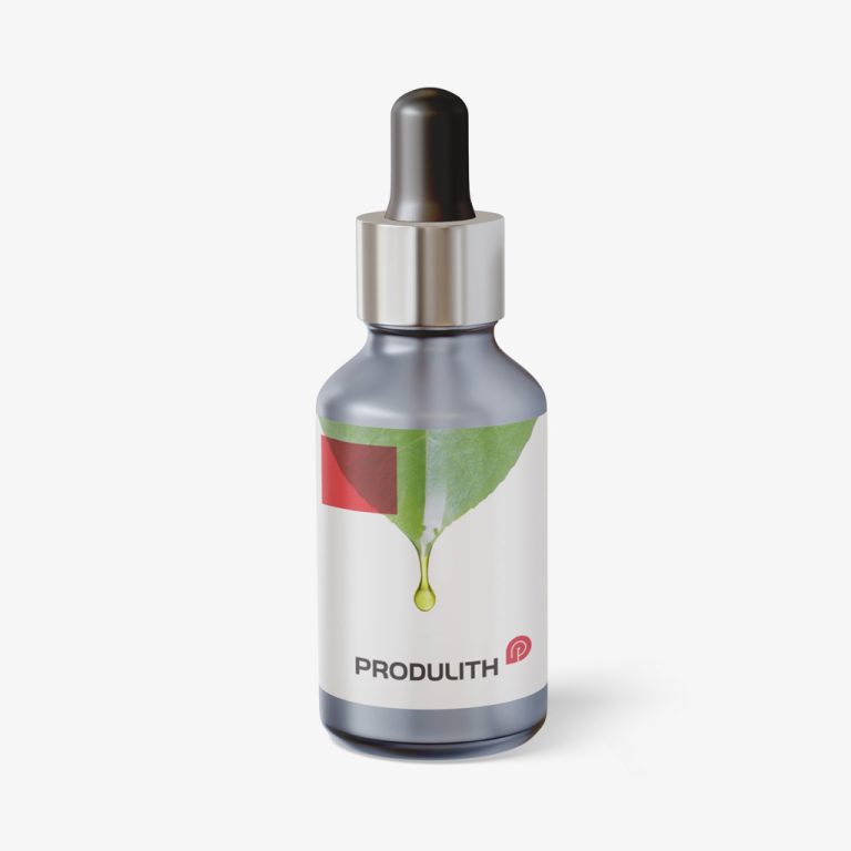 Bouteille de sérum avec pipette et étiquette de la marque Produlith, illustrant une feuille verte avec une goutte d'huile.