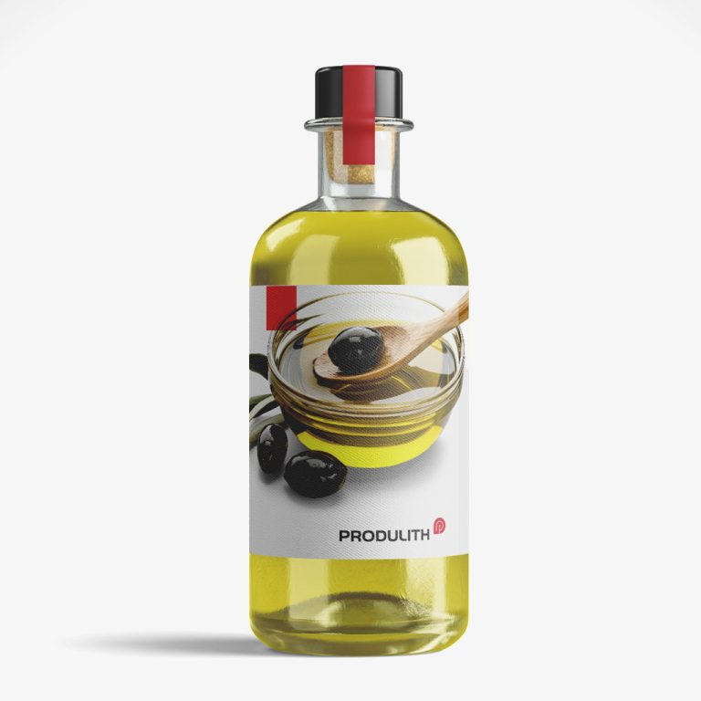Bouteille d'huile d'olive, avec une étiquette montrant un bol d'huile d'olive et des olives noires.