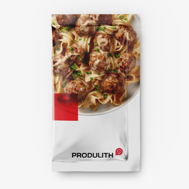 Image d'un emballage alimentaire Produlith, présentant un plat de boulettes de viande avec des pâtes.