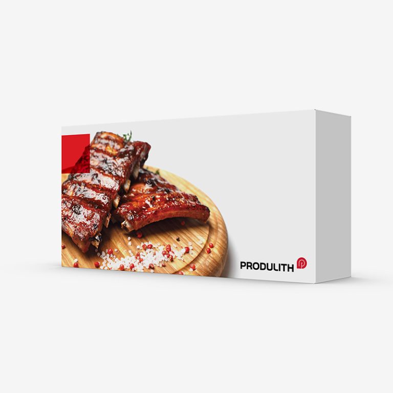 Emballage - boîte pliante seal end avec une image de côtes levées grillées sur une planche en bois et le logo Produlith au bas.