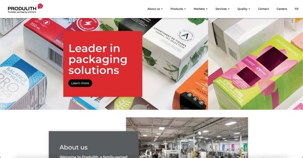 Capture d'écran de la page d'accueil du site web de Produlith, présentant divers emballages et un message promotionnel 'Leader en solutions d'emballage'