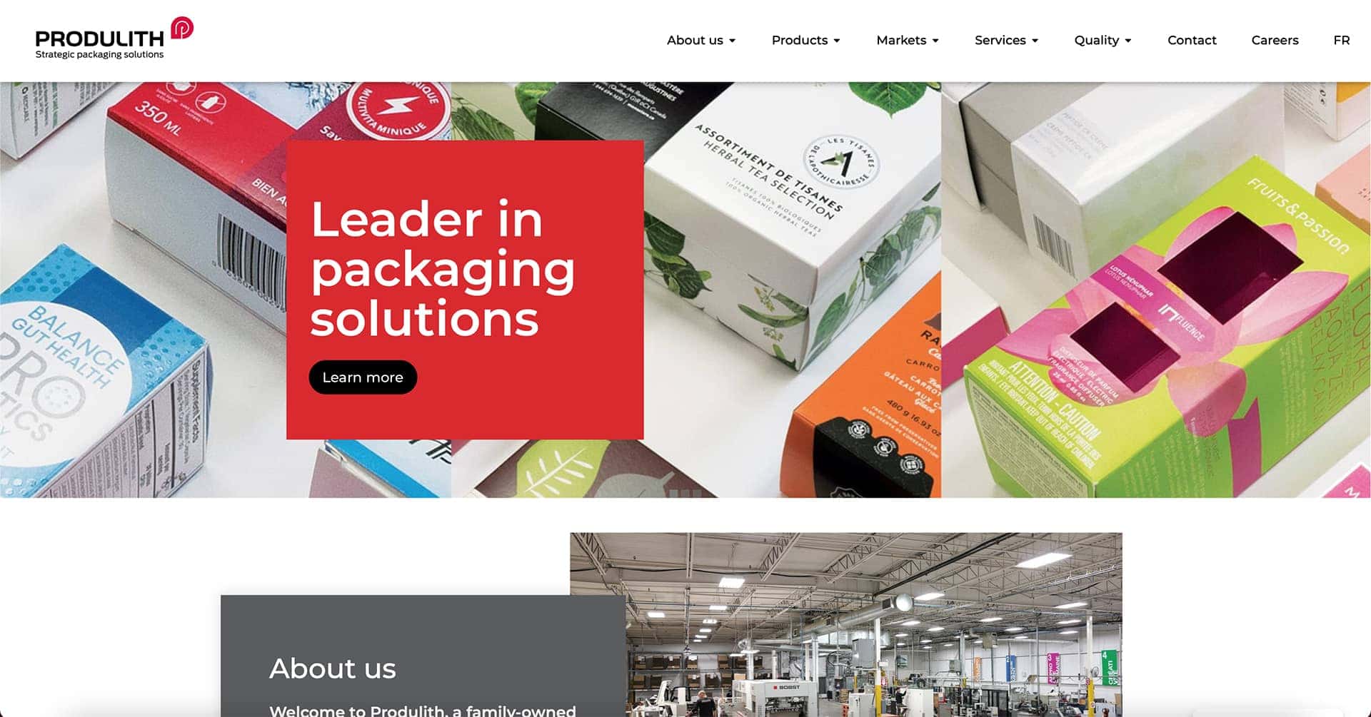 Capture d'écran de la page d'accueil du site web de Produlith, présentant divers emballages et un message promotionnel 'Leader en solutions d'emballage'